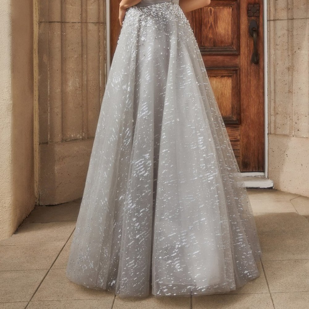 NEW LONG A-LINE OFF THE SHOULDER SLEEVELESS DRESS WITH CRYSTAL BUCKLE AL A1181 - Picture 9 of 9